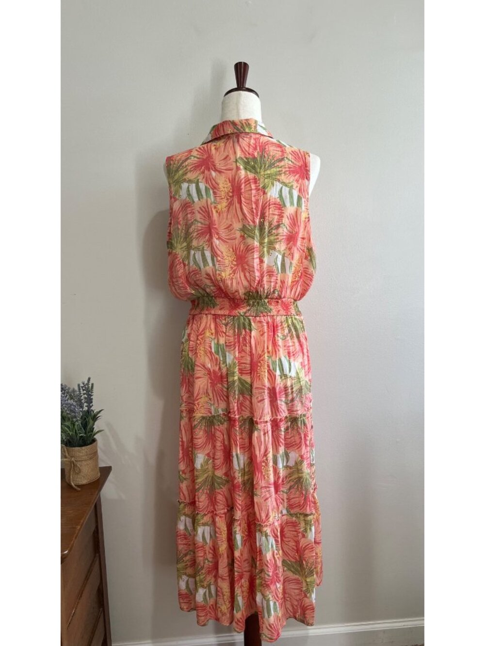 Alex & Parker Sleeveless Midi Dress Womens XL Coral Tropical Print Tiered - Picture 2 of 6